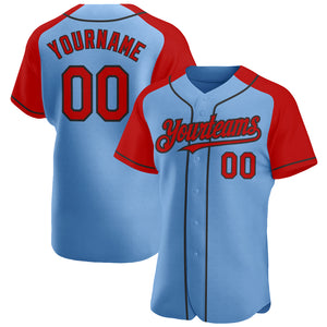 Custom Light Blue Red-Black Authentic Raglan Sleeves Baseball Jersey