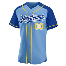 Загрузить изображение в средство просмотра галереи, Custom Light Blue Yellow-Royal Authentic Raglan Sleeves Baseball Jersey
