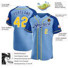 Загрузить изображение в средство просмотра галереи, Custom Light Blue Yellow-Royal Authentic Raglan Sleeves Baseball Jersey
