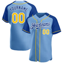 Загрузить изображение в средство просмотра галереи, Custom Light Blue Yellow-Royal Authentic Raglan Sleeves Baseball Jersey
