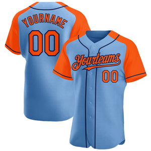 Custom Light Blue Orange-Navy Authentic Raglan Sleeves Baseball Jersey