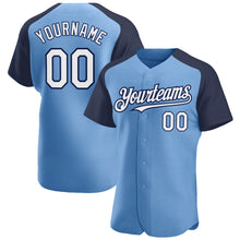 Загрузить изображение в средство просмотра галереи, Custom Light Blue White-Navy Authentic Raglan Sleeves Baseball Jersey
