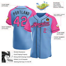 Загрузить изображение в средство просмотра галереи, Custom Light Blue Pink-Black Authentic Raglan Sleeves Baseball Jersey
