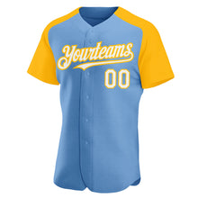 Загрузить изображение в средство просмотра галереи, Custom Light Blue White-Gold Authentic Raglan Sleeves Baseball Jersey
