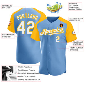 Custom Light Blue White-Gold Authentic Raglan Sleeves Baseball Jersey