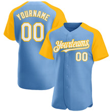 Загрузить изображение в средство просмотра галереи, Custom Light Blue White-Gold Authentic Raglan Sleeves Baseball Jersey
