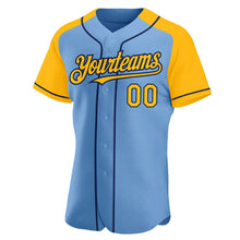 Загрузить изображение в средство просмотра галереи, Custom Light Blue Gold-Navy Authentic Raglan Sleeves Baseball Jersey
