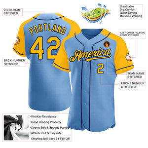 Custom Light Blue Gold-Navy Authentic Raglan Sleeves Baseball Jersey