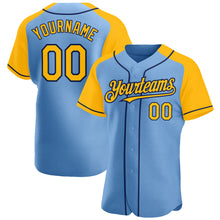 Загрузить изображение в средство просмотра галереи, Custom Light Blue Gold-Navy Authentic Raglan Sleeves Baseball Jersey
