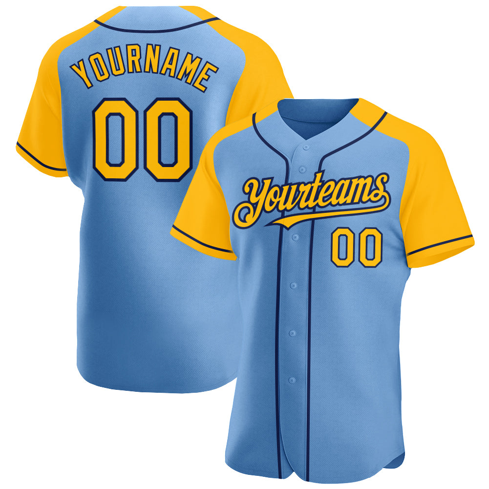 Custom Light Blue Gold-Navy Authentic Raglan Sleeves Baseball Jersey