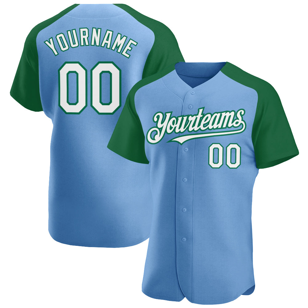 Cheap Custom Light Blue White-Green Authentic Raglan Sleeves