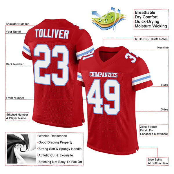 Custom Red White-Light Blue Authentic Football Jersey Preschool Size:M