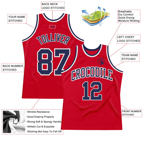 Custom Team White Basketball Authentic Red Throwback Jersey Navy