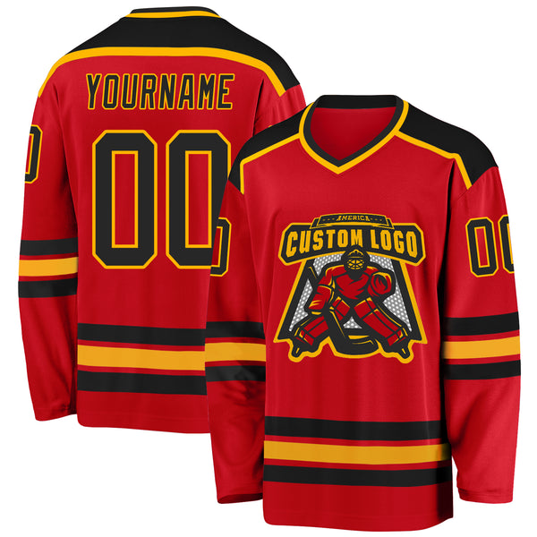 Custom Red Black-Gold Hockey Jersey Discount