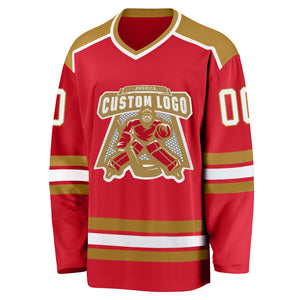 Custom Red White-Old Gold Hockey Jersey