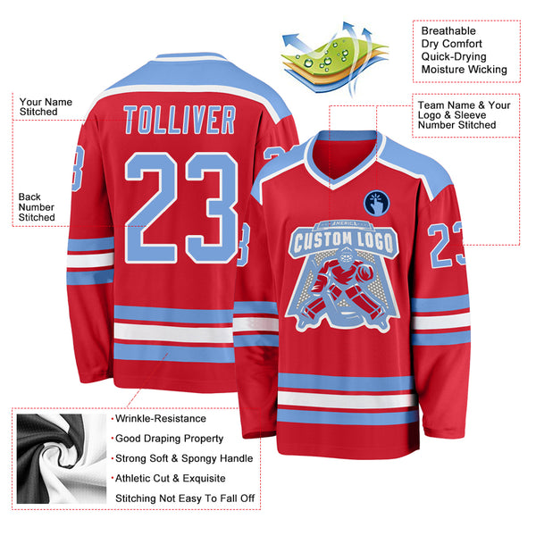 Custom Light Blue White-Red Hockey Jersey Discount