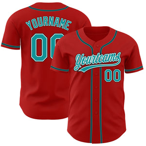 Custom Red Teal-Black Authentic Baseball Jersey