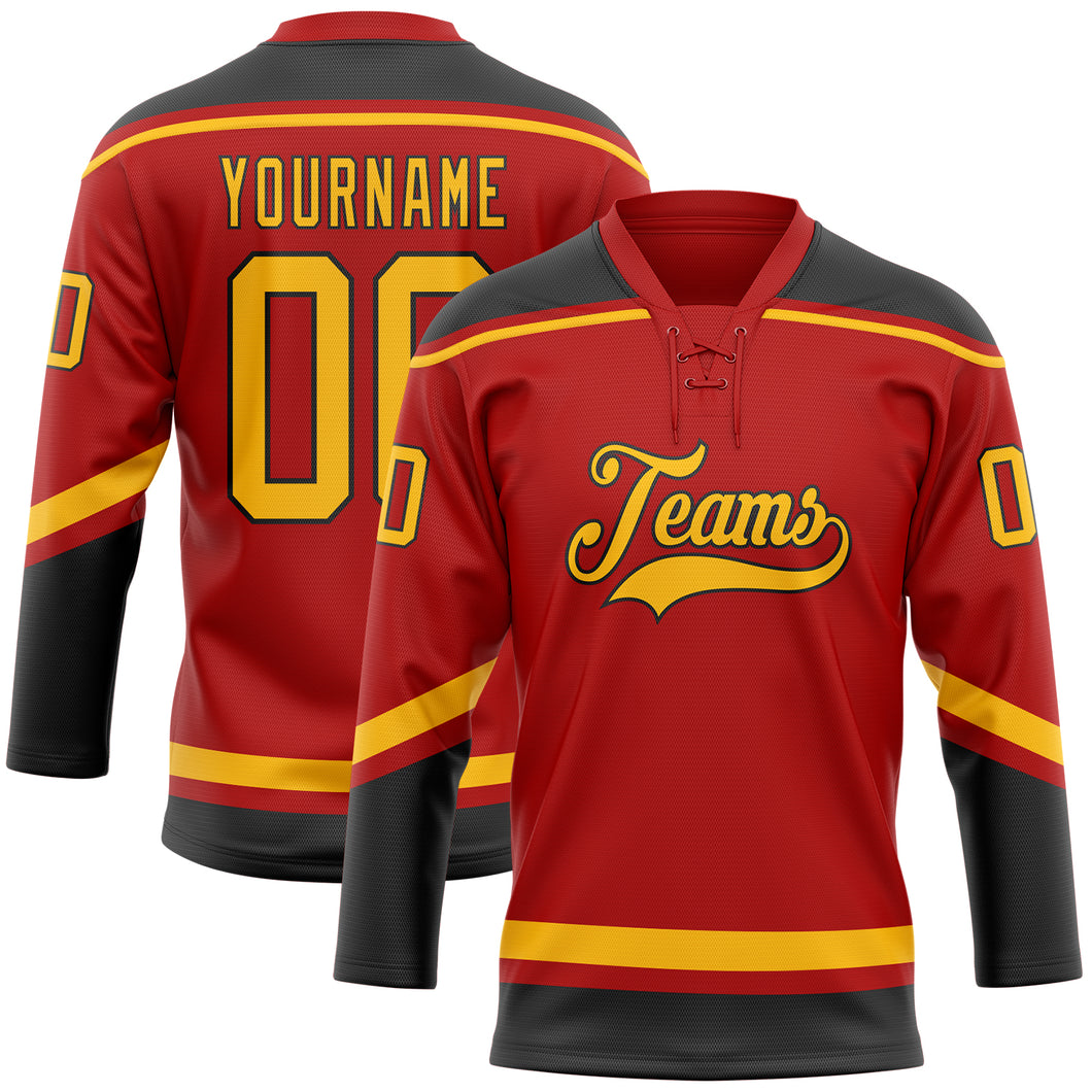 Custom Red Gold-Black Hockey Lace Neck Jersey