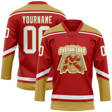 Laden Sie das Bild in den Galerie-Viewer, Custom Red White-Old Gold Hockey Lace Neck Jersey
