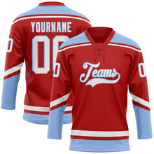 Laden Sie das Bild in den Galerie-Viewer, Custom Red White-Light Blue Hockey Lace Neck Jersey
