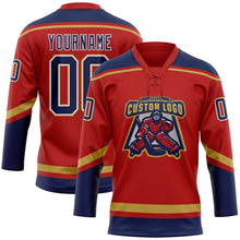 Laden Sie das Bild in den Galerie-Viewer, Custom Red Navy-Old Gold Hockey Lace Neck Jersey
