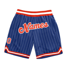 Load image into Gallery viewer, Custom Royal White Pinstripe Orange-White Authentic Basketball Shorts
