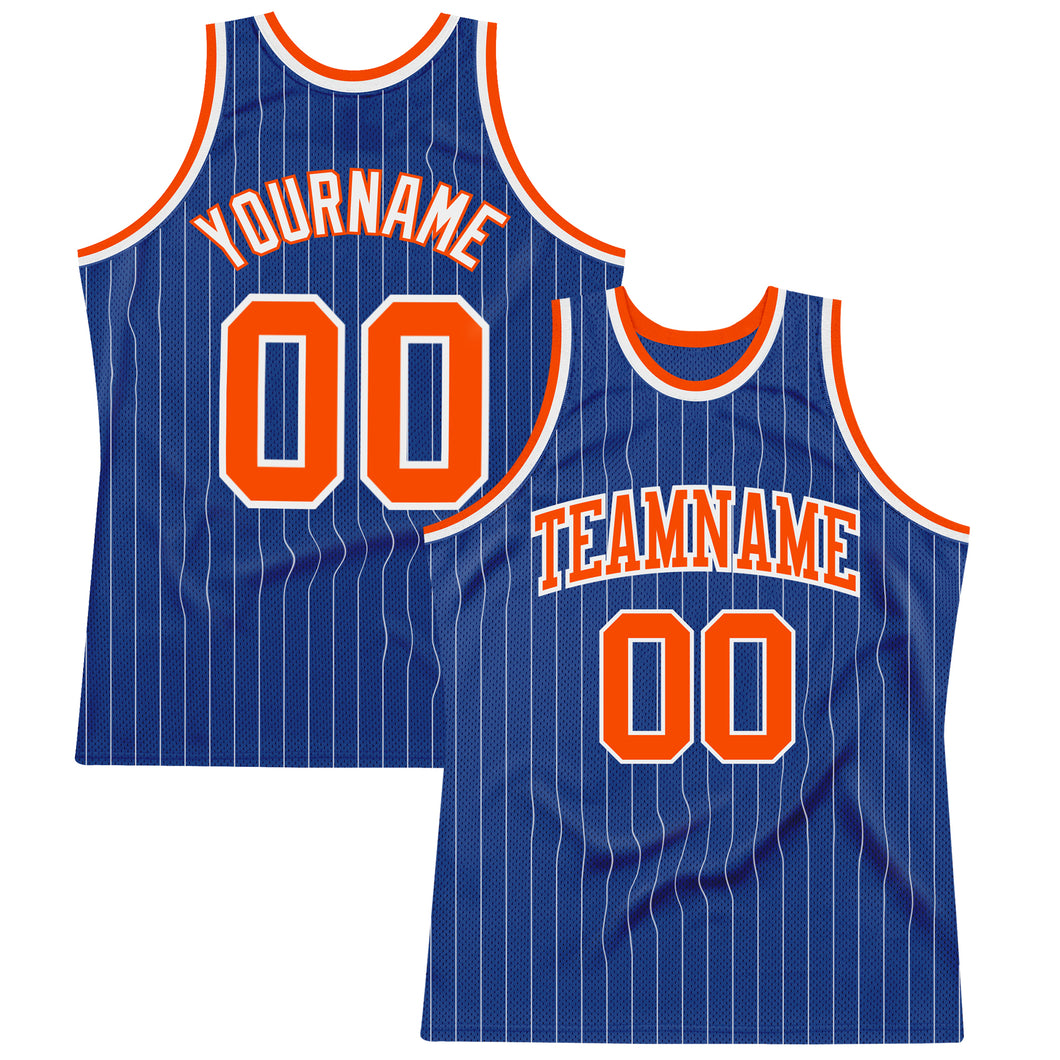 Custom Royal White Pinstripe Orange-White Authentic Basketball Jersey