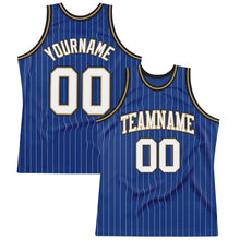 Charger l&#39;image dans la galerie, Custom Royal White Pinstripe White Old Gold-Black Authentic Basketball Jersey
