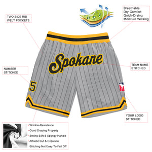 Custom Gray Black Pinstripe Black-Gold Authentic Basketball Shorts