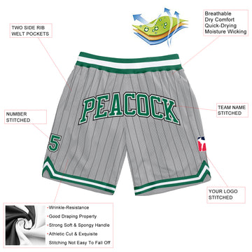 Custom Gray Black Pinstripe Kelly Green-White Authentic Basketball Shorts