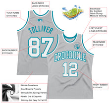 Laden Sie das Bild in den Galerie-Viewer, Custom Gray White-Teal Authentic Throwback Basketball Jersey
