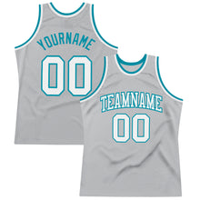 Laden Sie das Bild in den Galerie-Viewer, Custom Gray White-Teal Authentic Throwback Basketball Jersey
