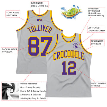 Custom Gray Purple-Gold Authentic Throwback Basketball Jersey