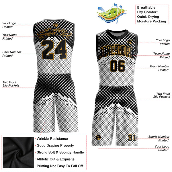 Custom Gold White-Black Round Neck Sublimation Basketball Suit