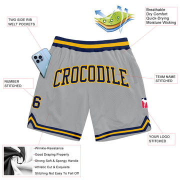 Custom Gray Navy-Gold Authentic Throwback Basketball Shorts