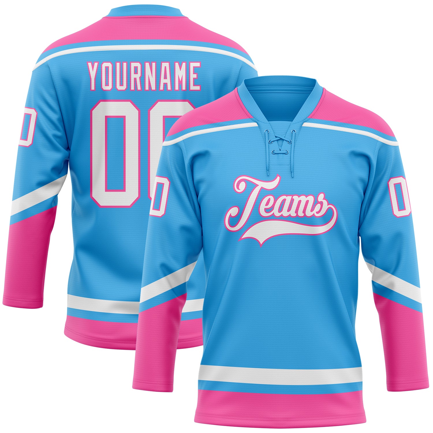 Cheap Custom Sky Blue White-Pink Hockey Lace Neck Jersey Free