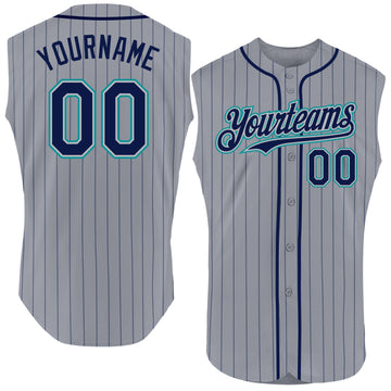 Custom Gray Navy Pinstripe Teal Authentic Sleeveless Baseball Jersey