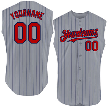 Custom Gray Navy Pinstripe Red Authentic Sleeveless Baseball Jersey