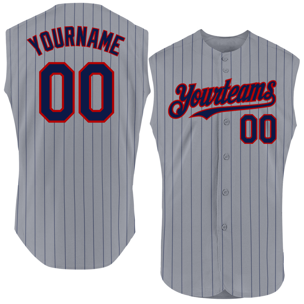 Custom Gray Navy Pinstripe Red Authentic Sleeveless Baseball Jersey