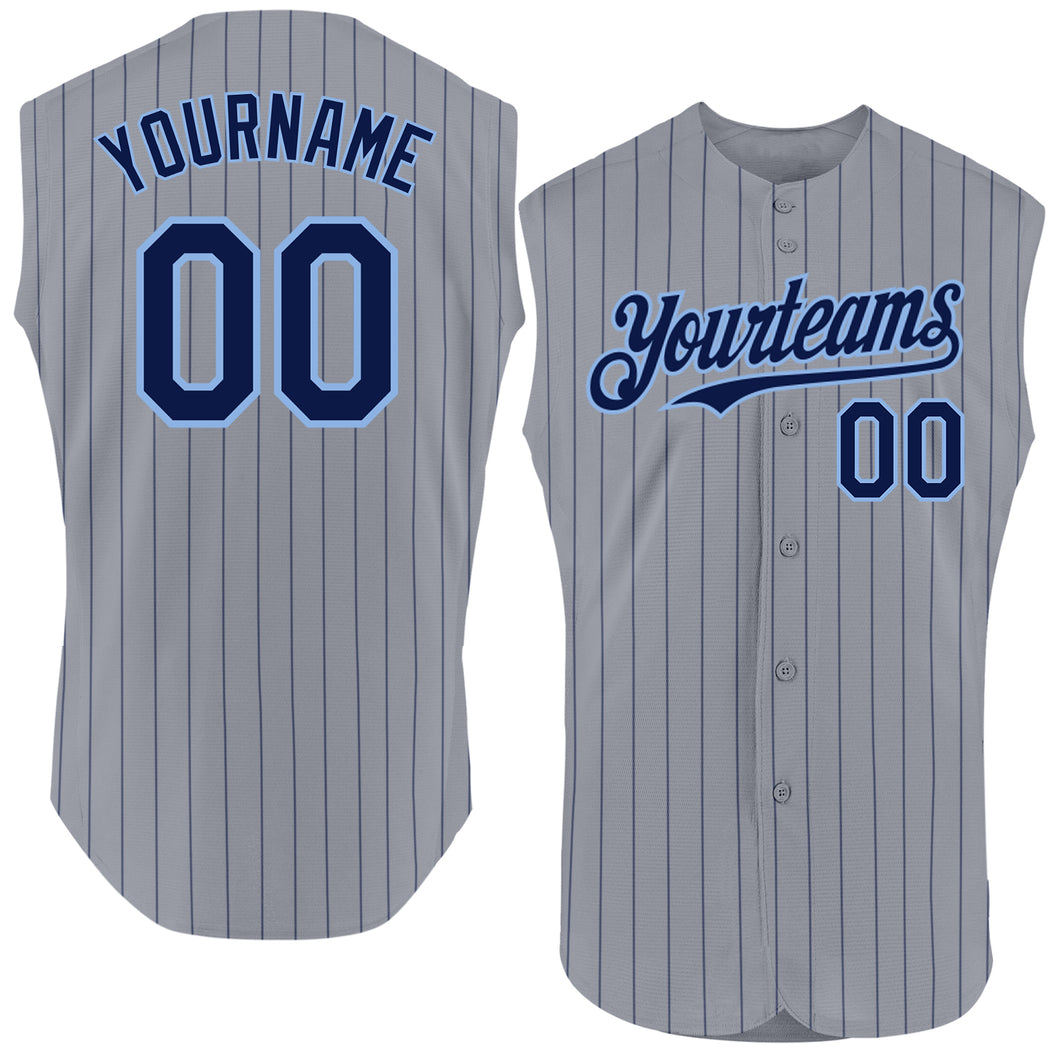 Custom Gray Navy Pinstripe Light Blue Authentic Sleeveless Baseball Jersey