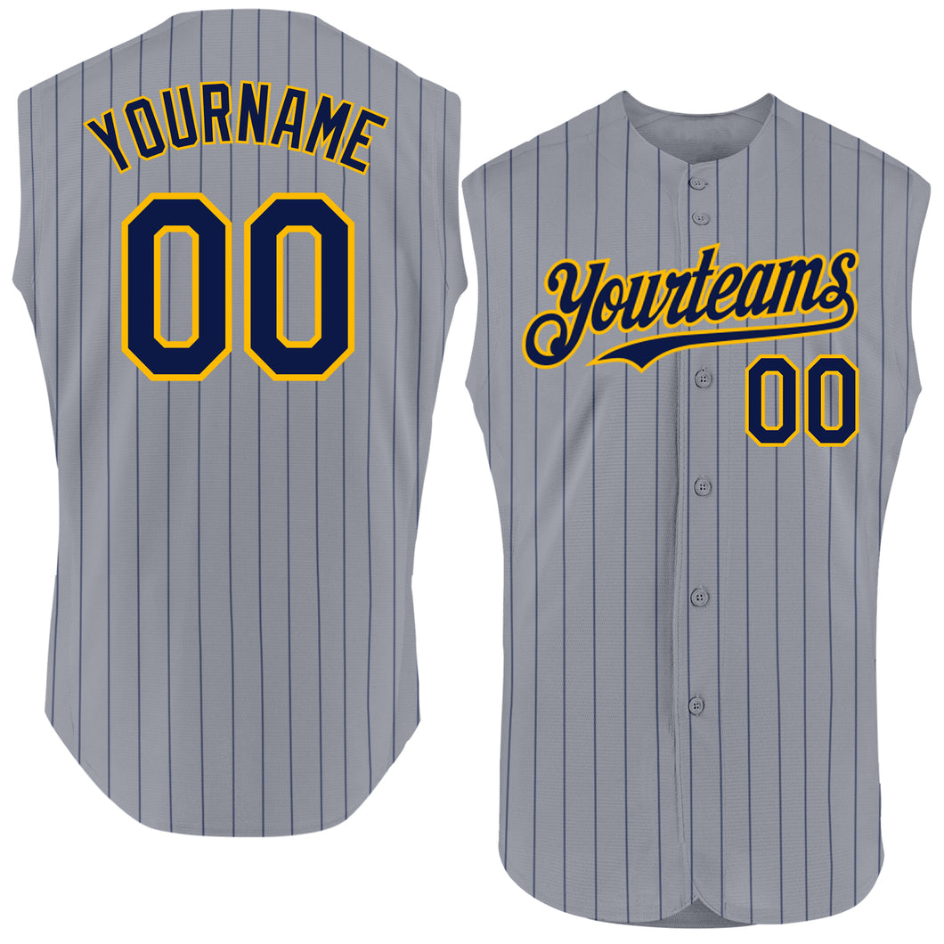 Custom Gray Navy Pinstripe Gold Authentic Sleeveless Baseball Jersey