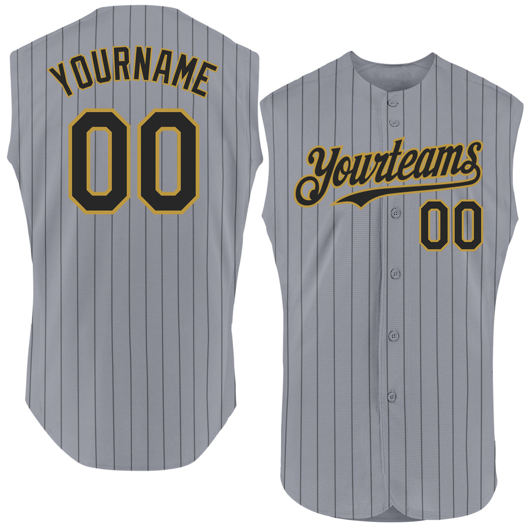 Custom Gray Black Pinstripe Old Gold Authentic Sleeveless Baseball Jersey