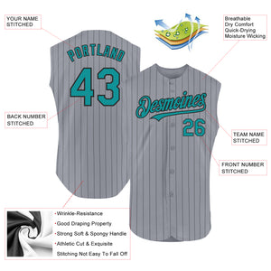 Custom Gray Black Pinstripe Teal Authentic Sleeveless Baseball Jersey