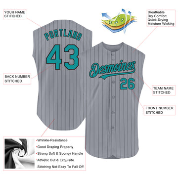 Custom Gray Black Pinstripe Teal Authentic Sleeveless Baseball Jersey