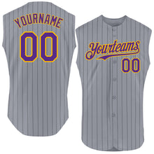 Load image into Gallery viewer, Custom Gray Black Pinstripe Purple-Gold Authentic Sleeveless Baseball Jersey
