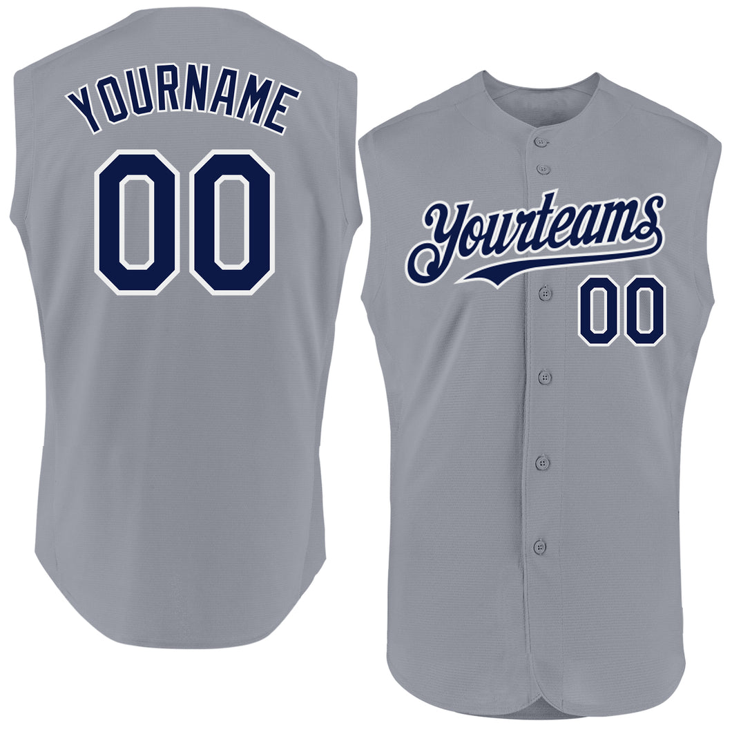 Custom Gray Navy-White Authentic Sleeveless Baseball Jersey