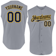 Load image into Gallery viewer, Custom Gray Navy-Gold Authentic Sleeveless Baseball Jersey
