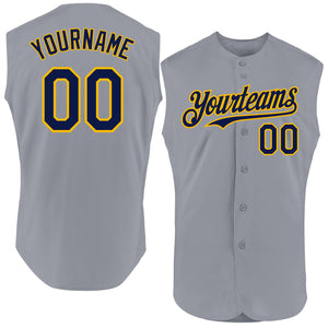 Custom Gray Navy-Gold Authentic Sleeveless Baseball Jersey