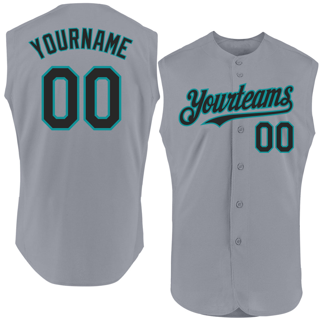 Custom Gray Black-Teal Authentic Sleeveless Baseball Jersey