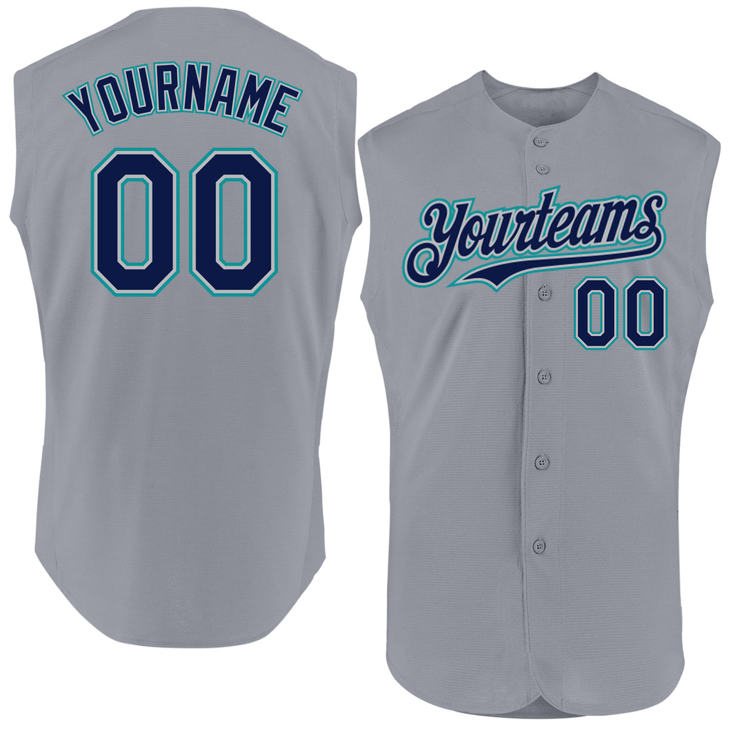 Custom Gray Navy-Teal Authentic Sleeveless Baseball Jersey